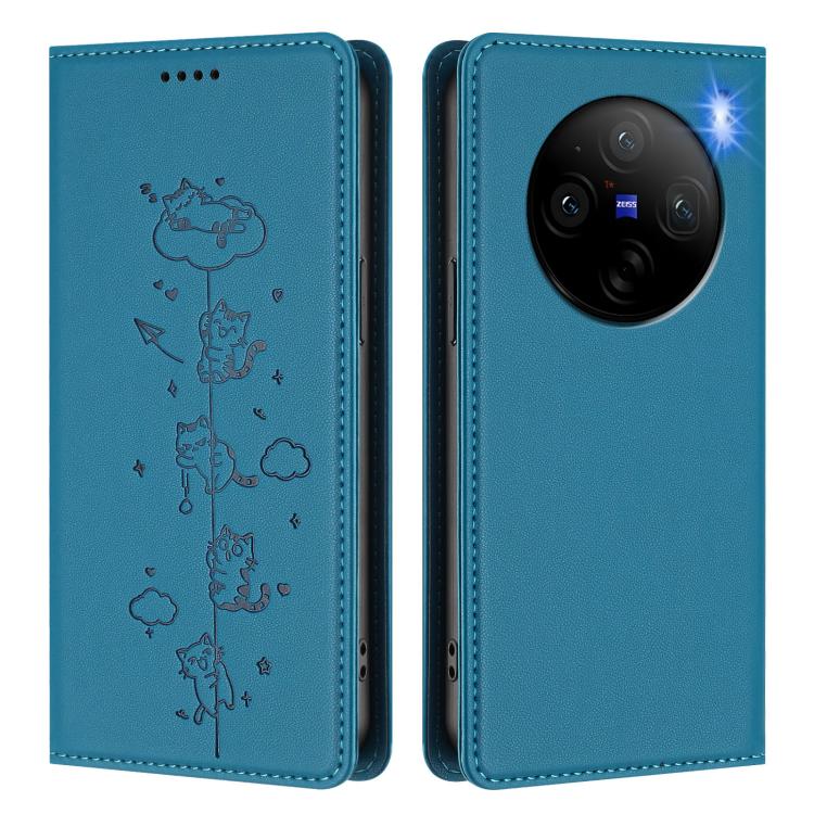 For vivo X100 5G Cute Cats Embossed Magnetic RFID Vegan Leather Phone Case