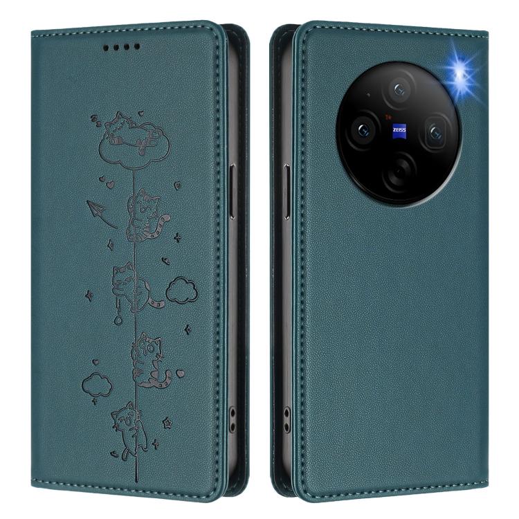 For vivo X100 5G Cute Cats Embossed Magnetic RFID Vegan Leather Phone Case