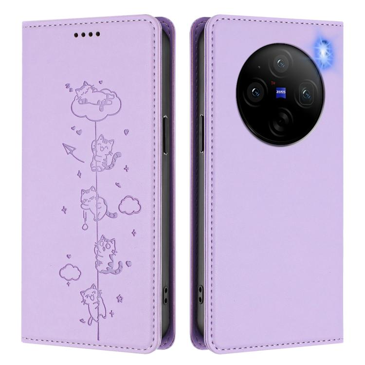 For vivo X100 5G Cute Cats Embossed Magnetic RFID Vegan Leather Phone Case