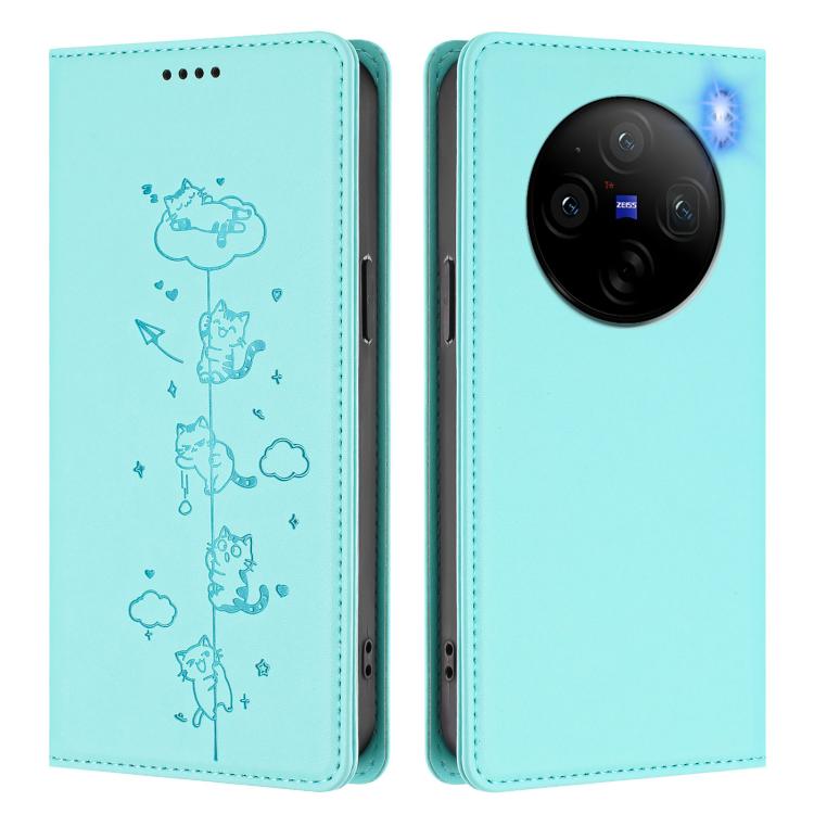 For vivo X100 Pro 5G Cute Cats Embossed Magnetic RFID Vegan Leather Phone Case