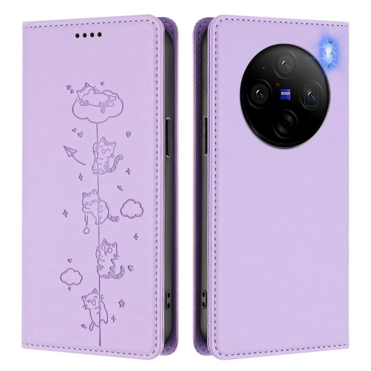 For vivo X100 Pro 5G Cute Cats Embossed Magnetic RFID Vegan Leather Phone Case