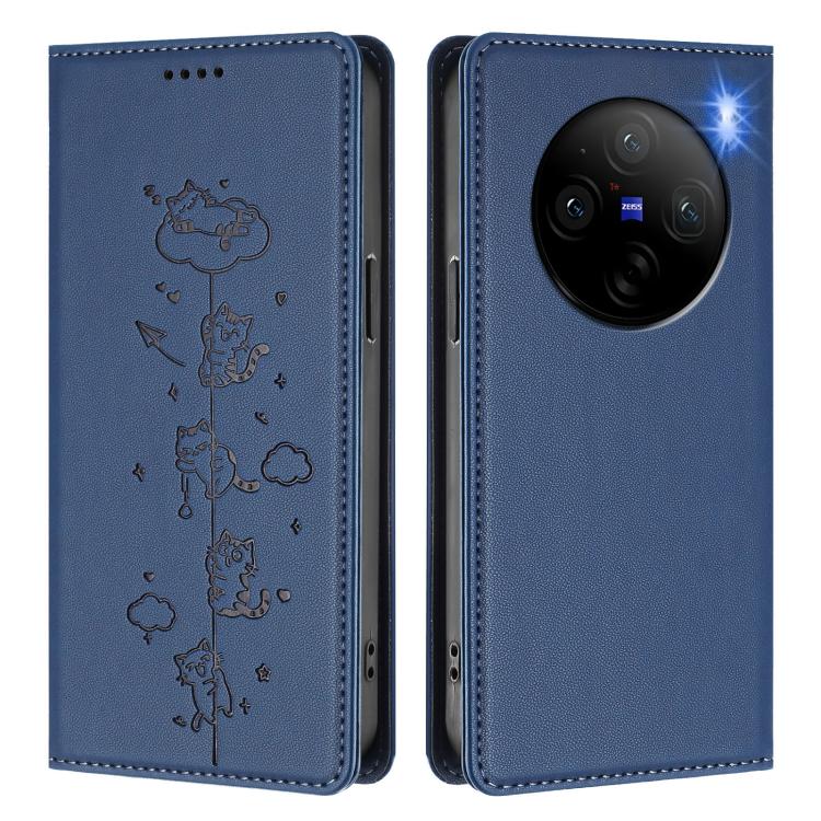 For vivo X100 Pro 5G Cute Cats Embossed Magnetic RFID Vegan Leather Phone Case