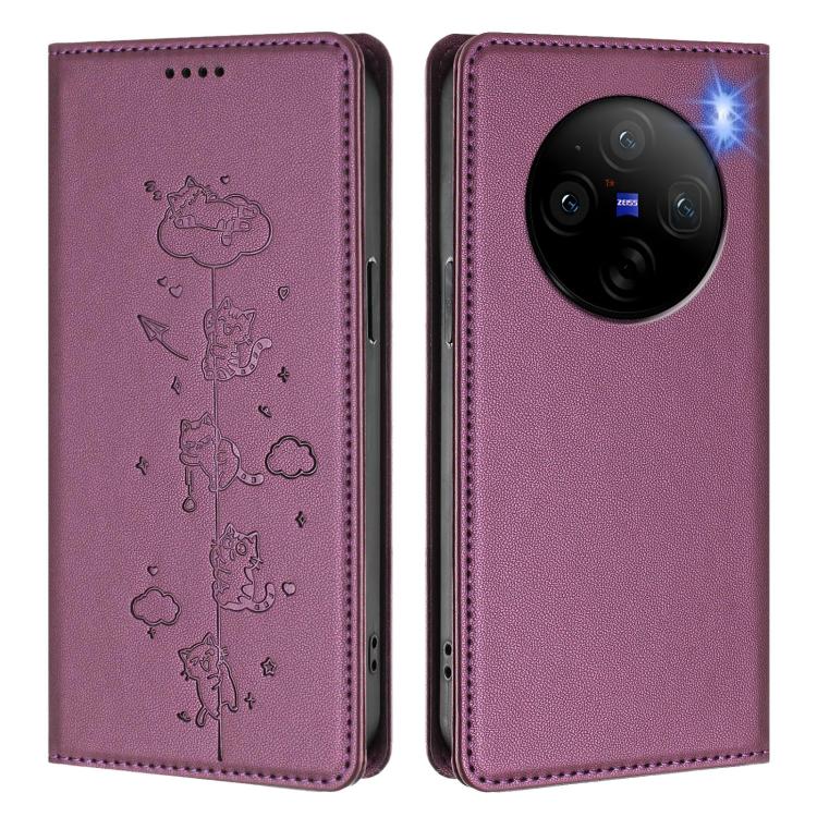 For vivo X100 Pro 5G Cute Cats Embossed Magnetic RFID Vegan Leather Phone Case