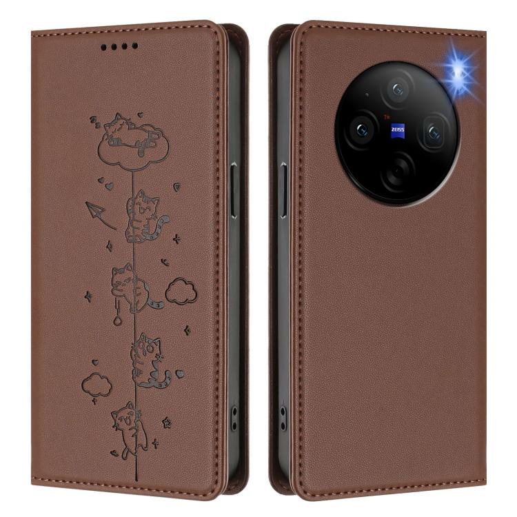 For vivo X100 Pro 5G Cute Cats Embossed Magnetic RFID Vegan Leather Phone Case
