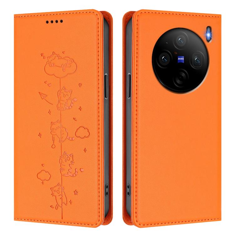For vivo X100s 5G Cute Cats Embossed Magnetic RFID Vegan Leather Phone Case