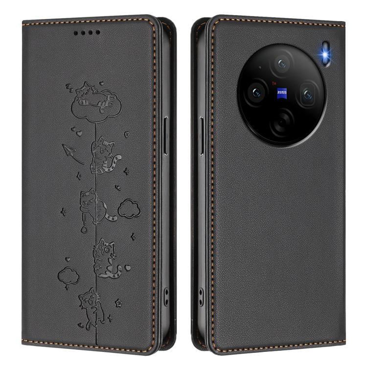 For vivo X100s 5G Cute Cats Embossed Magnetic RFID Vegan Leather Phone Case