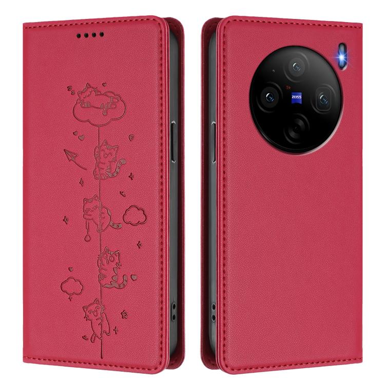 For vivo X100s 5G Cute Cats Embossed Magnetic RFID Vegan Leather Phone Case