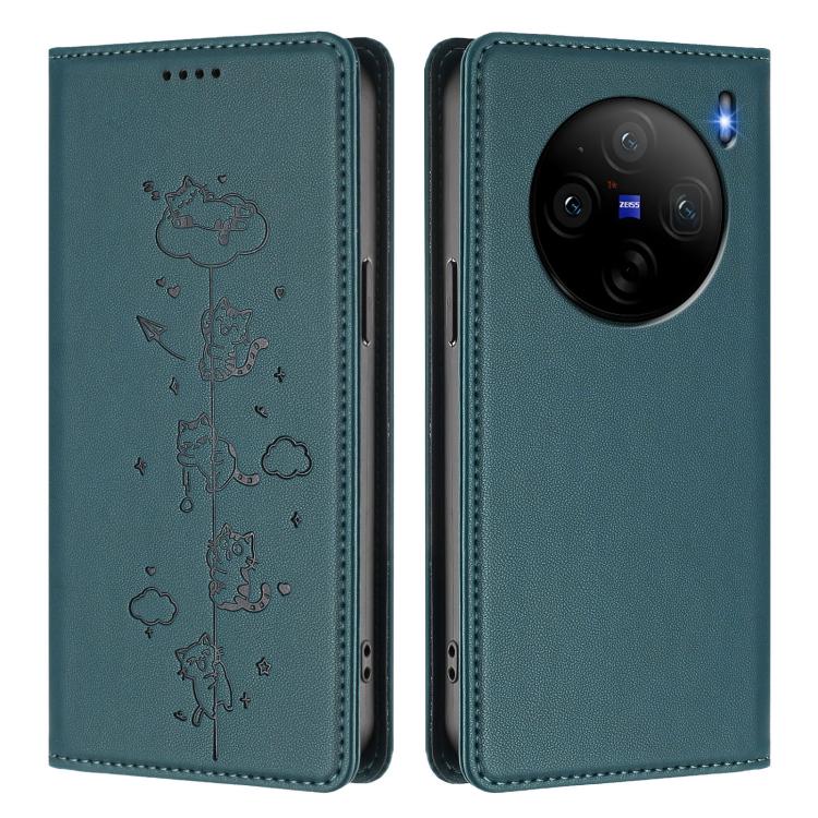 For vivo X100s 5G Cute Cats Embossed Magnetic RFID Vegan Leather Phone Case