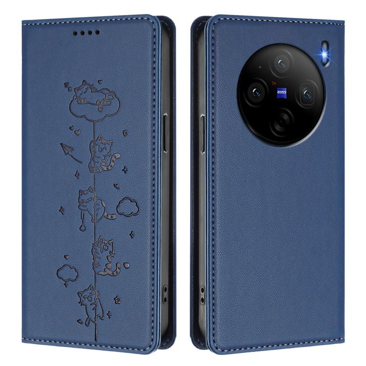 For vivo X100s 5G Cute Cats Embossed Magnetic RFID Vegan Leather Phone Case