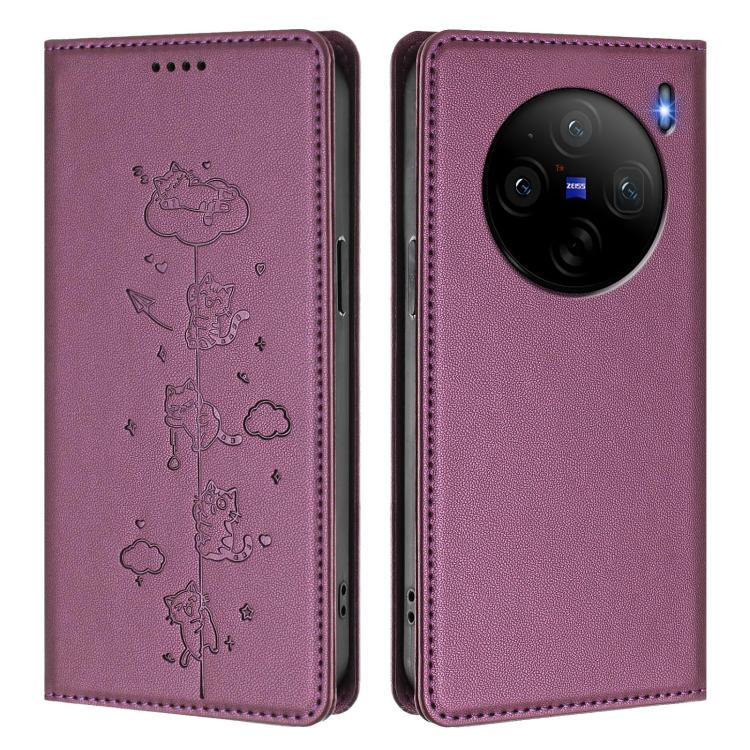 For vivo X100s 5G Cute Cats Embossed Magnetic RFID Vegan Leather Phone Case