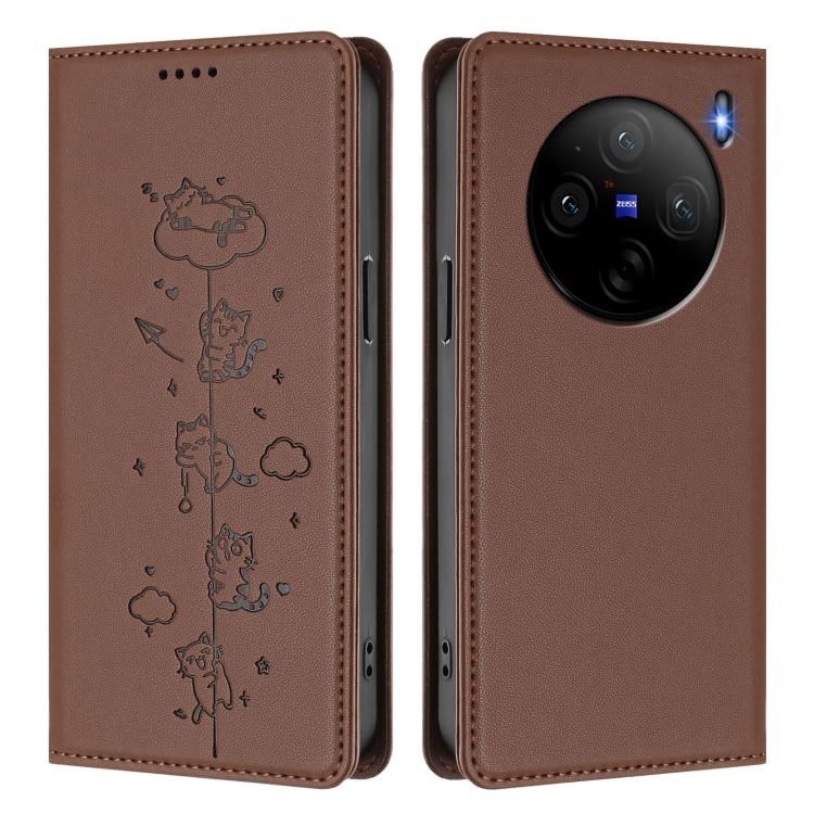 For vivo X100s 5G Cute Cats Embossed Magnetic RFID Vegan Leather Phone Case