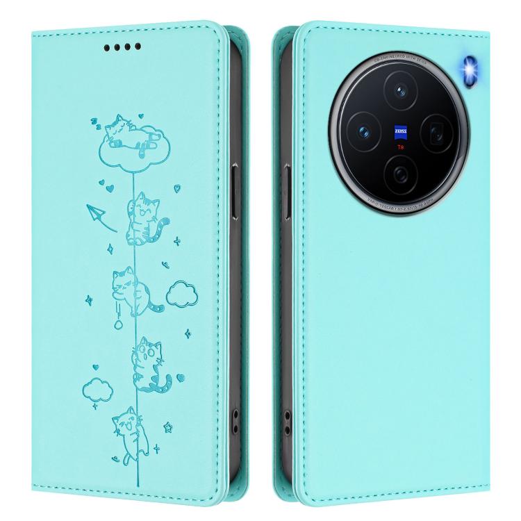 For vivo X200 5G Cute Cats Embossed Magnetic RFID Vegan Leather Phone Case