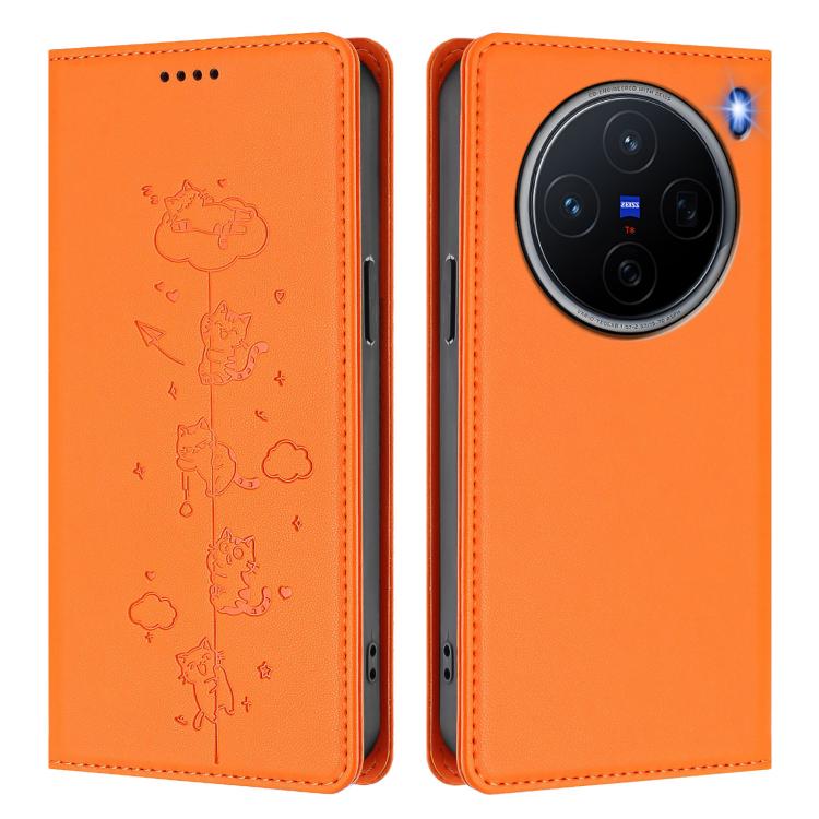 For vivo X200 5G Cute Cats Embossed Magnetic RFID Vegan Leather Phone Case