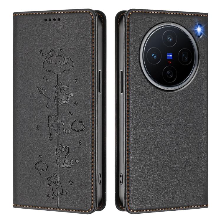 For vivo X200 5G Cute Cats Embossed Magnetic RFID Vegan Leather Phone Case