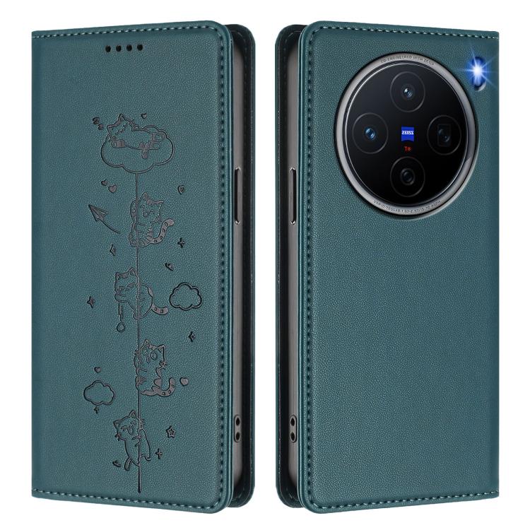 For vivo X200 5G Cute Cats Embossed Magnetic RFID Vegan Leather Phone Case