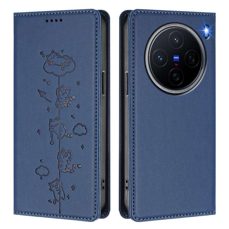 For vivo X200 5G Cute Cats Embossed Magnetic RFID Vegan Leather Phone Case