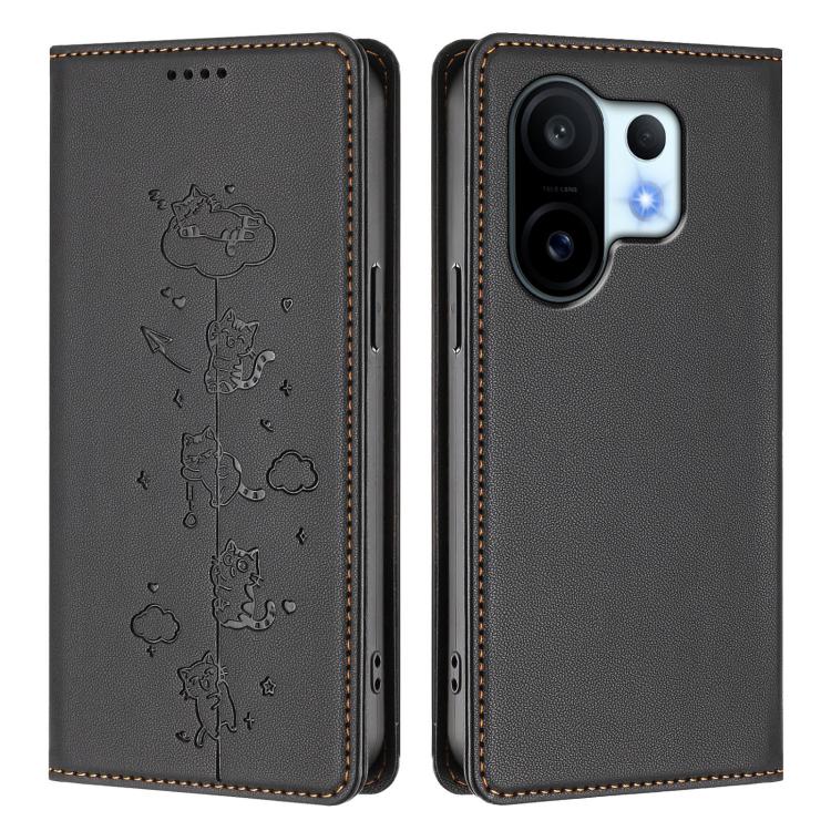For vivo X200 FE Cute Cats Embossed Magnetic RFID Vegan Leather Phone Case