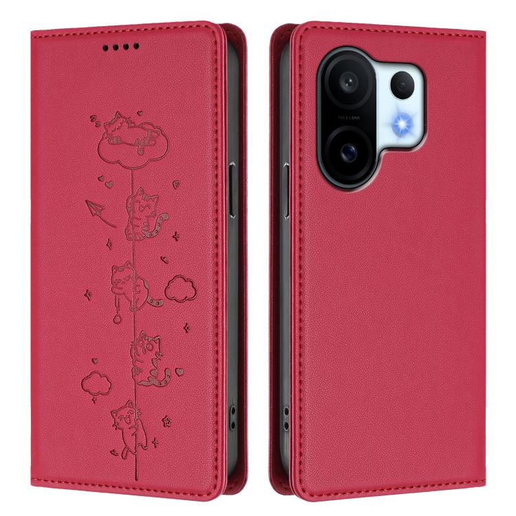 For vivo X200 FE Cute Cats Embossed Magnetic RFID Vegan Leather Phone Case