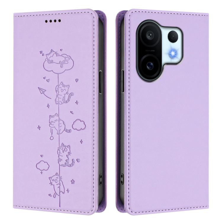 For vivo X200 FE Cute Cats Embossed Magnetic RFID Vegan Leather Phone Case