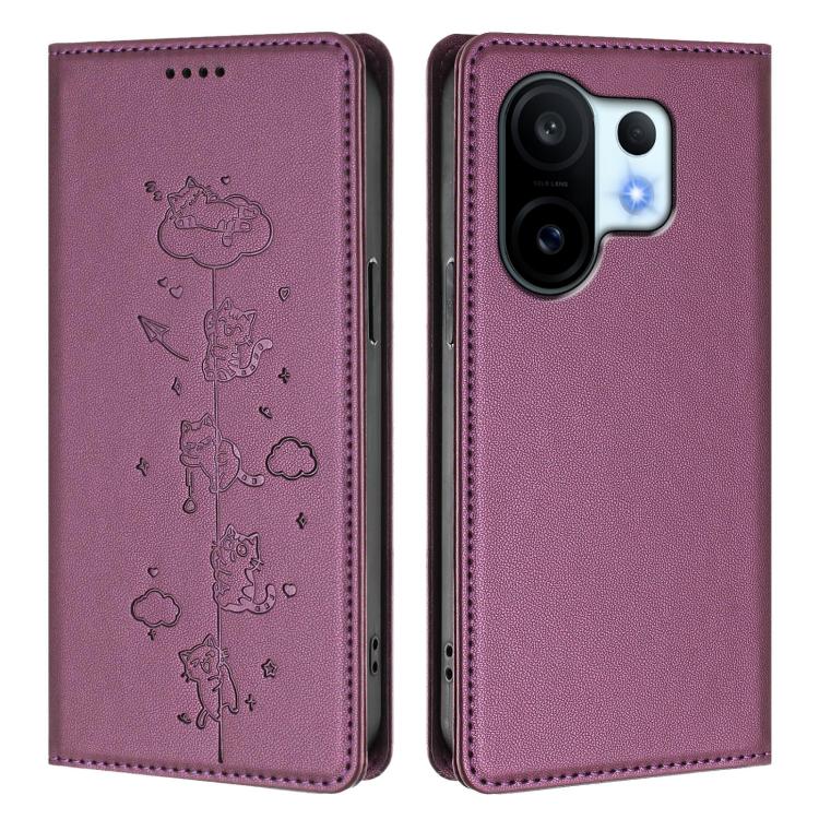 For vivo X200 FE Cute Cats Embossed Magnetic RFID Vegan Leather Phone Case
