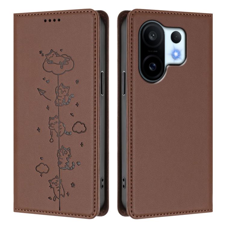 For vivo X200 FE Cute Cats Embossed Magnetic RFID Vegan Leather Phone Case