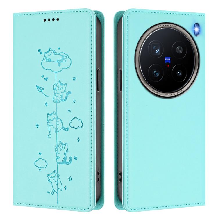 For vivo X200 Pro 5G Cute Cats Embossed Magnetic RFID Vegan Leather Phone Case