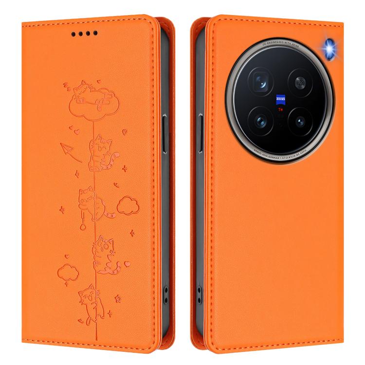 For vivo X200 Pro 5G Cute Cats Embossed Magnetic RFID Vegan Leather Phone Case