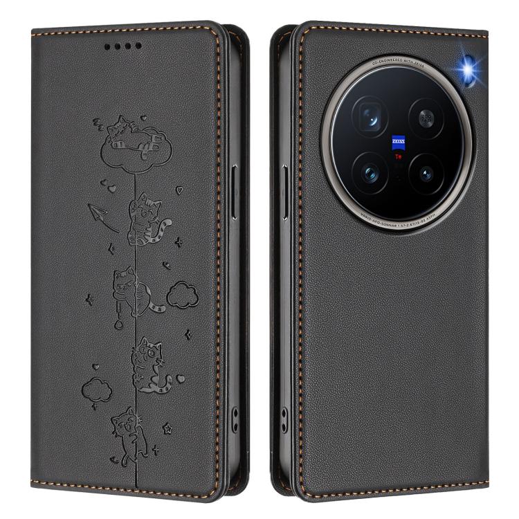 For vivo X200 Pro 5G Cute Cats Embossed Magnetic RFID Vegan Leather Phone Case