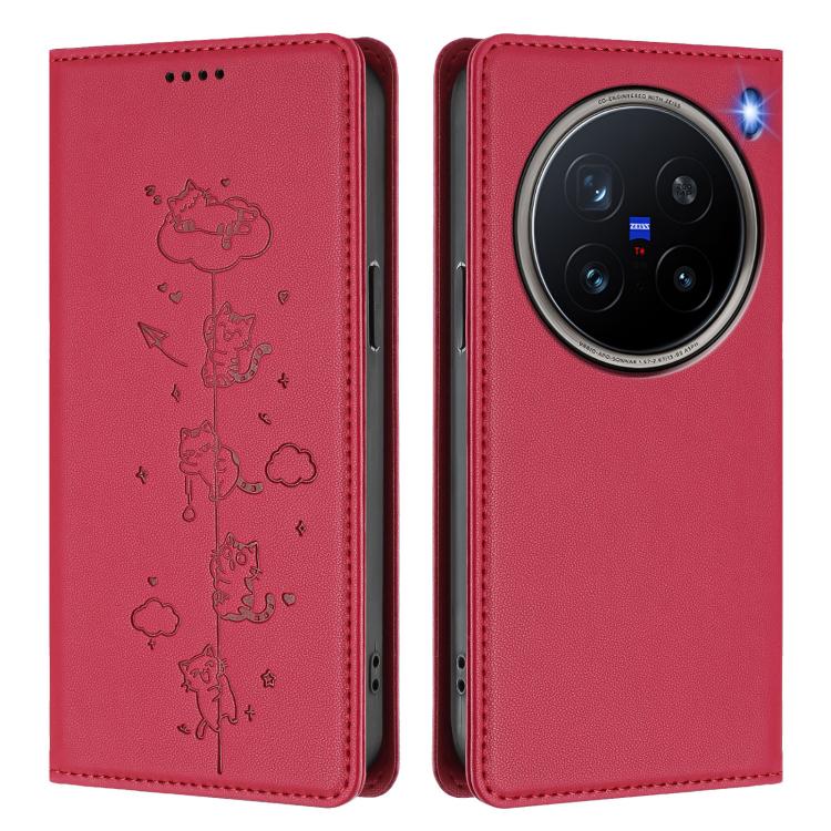 For vivo X200 Pro 5G Cute Cats Embossed Magnetic RFID Vegan Leather Phone Case