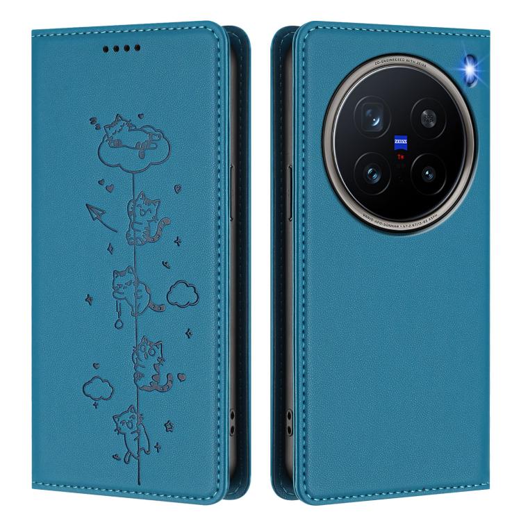 For vivo X200 Pro 5G Cute Cats Embossed Magnetic RFID Vegan Leather Phone Case