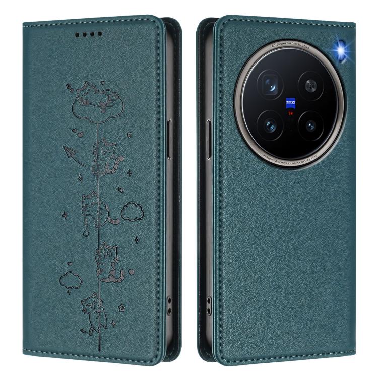 For vivo X200 Pro 5G Cute Cats Embossed Magnetic RFID Vegan Leather Phone Case