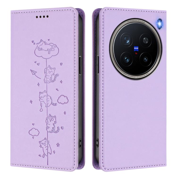 For vivo X200 Pro 5G Cute Cats Embossed Magnetic RFID Vegan Leather Phone Case