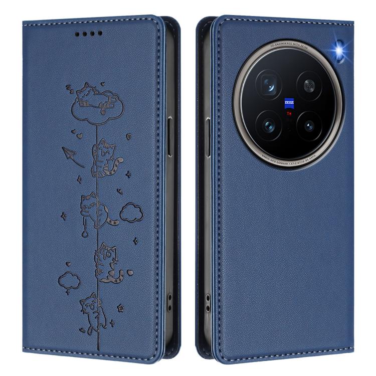 For vivo X200 Pro 5G Cute Cats Embossed Magnetic RFID Vegan Leather Phone Case