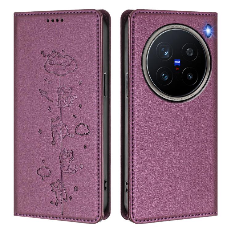 For vivo X200 Pro 5G Cute Cats Embossed Magnetic RFID Vegan Leather Phone Case