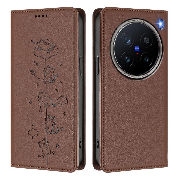 For vivo X200 Pro 5G Cute Cats Embossed Magnetic RFID Vegan Leather Phone Case