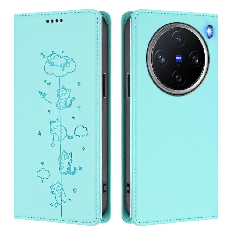 For vivo X200 Pro mini Cute Cats Embossed Magnetic RFID Vegan Leather Phone Case