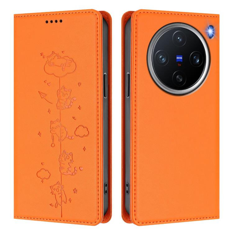 For vivo X200 Pro mini Cute Cats Embossed Magnetic RFID Vegan Leather Phone Case