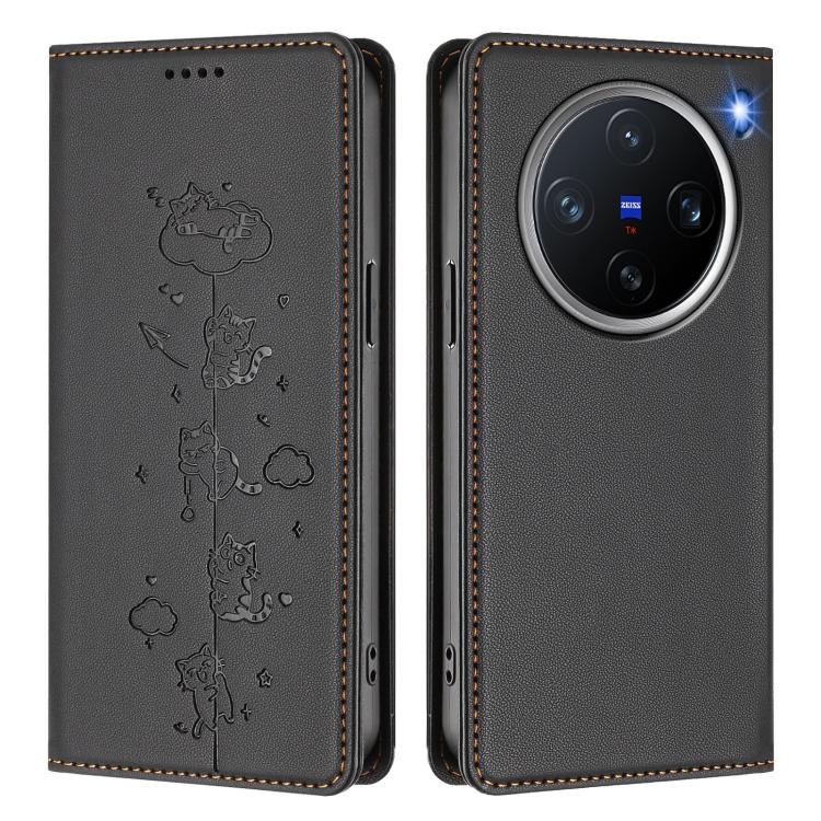 For vivo X200 Pro mini Cute Cats Embossed Magnetic RFID Vegan Leather Phone Case