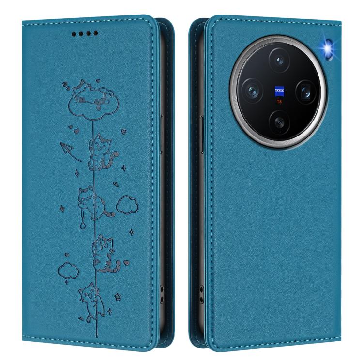 For vivo X200 Pro mini Cute Cats Embossed Magnetic RFID Vegan Leather Phone Case
