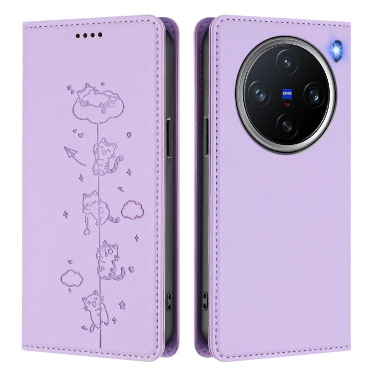 For vivo X200 Pro mini Cute Cats Embossed Magnetic RFID Vegan Leather Phone Case