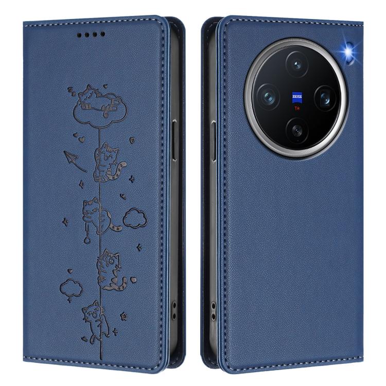 For vivo X200 Pro mini Cute Cats Embossed Magnetic RFID Vegan Leather Phone Case