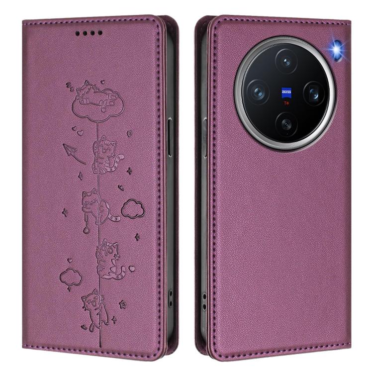 For vivo X200 Pro mini Cute Cats Embossed Magnetic RFID Vegan Leather Phone Case