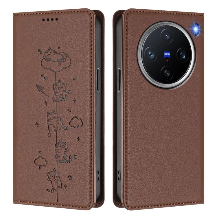 For vivo X200 Pro mini Cute Cats Embossed Magnetic RFID Vegan Leather Phone Case