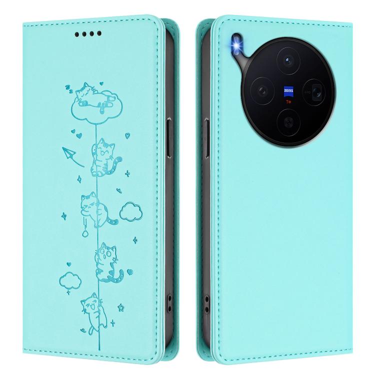 For vivo X300 Cute Cats Embossed Magnetic RFID Vegan Leather Phone Case