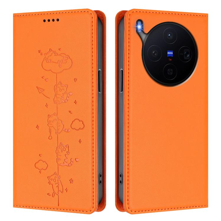 For vivo X300 Cute Cats Embossed Magnetic RFID Vegan Leather Phone Case