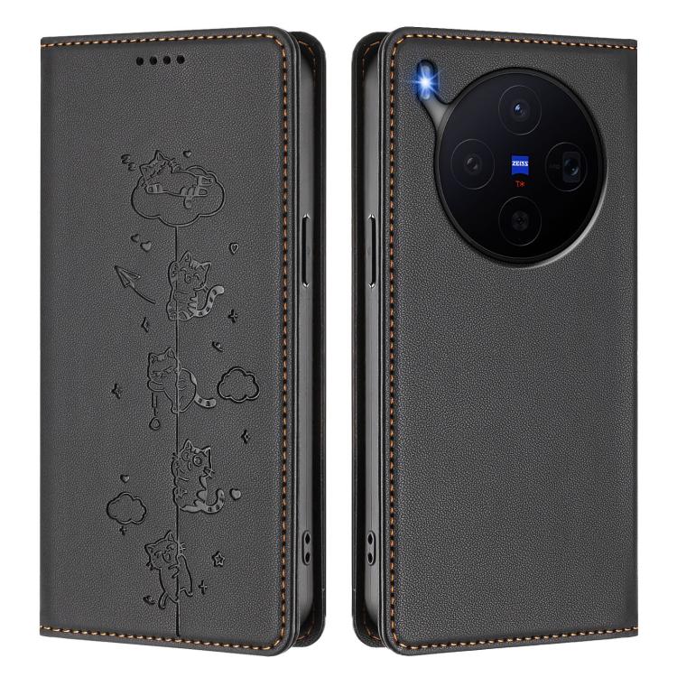For vivo X300 Cute Cats Embossed Magnetic RFID Vegan Leather Phone Case