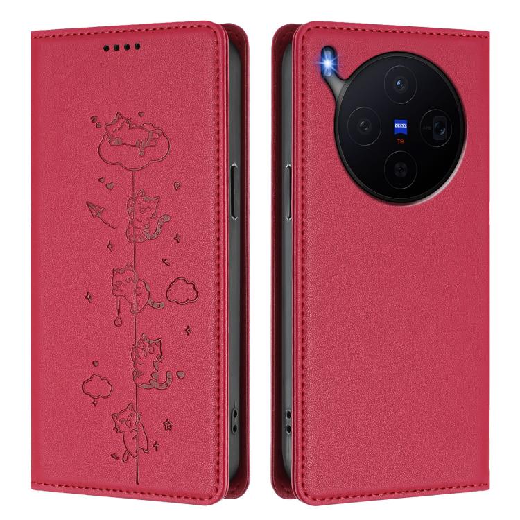 For vivo X300 Cute Cats Embossed Magnetic RFID Vegan Leather Phone Case