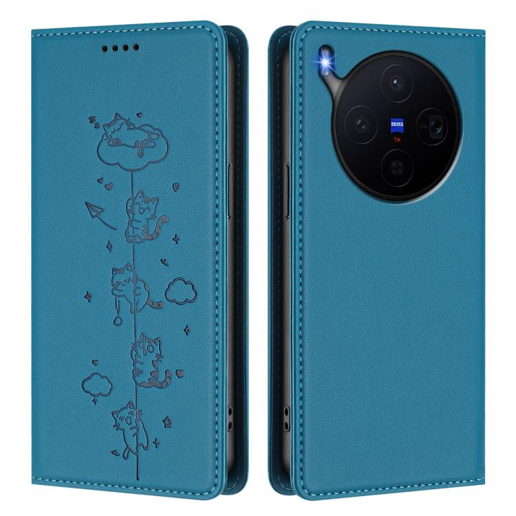 For vivo X300 Cute Cats Embossed Magnetic RFID Vegan Leather Phone Case