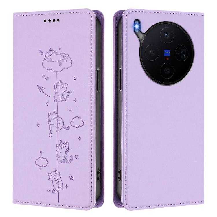 For vivo X300 Cute Cats Embossed Magnetic RFID Vegan Leather Phone Case