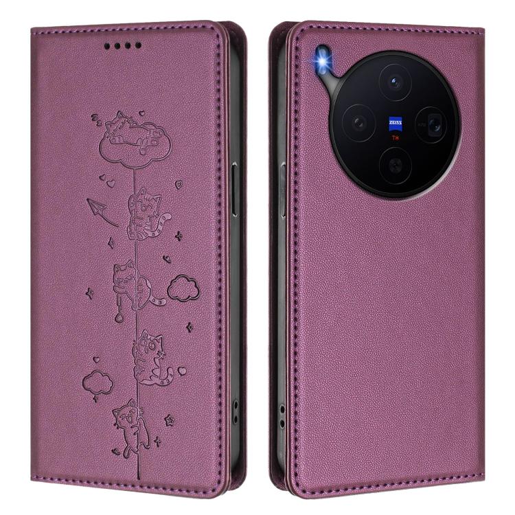 For vivo X300 Cute Cats Embossed Magnetic RFID Vegan Leather Phone Case